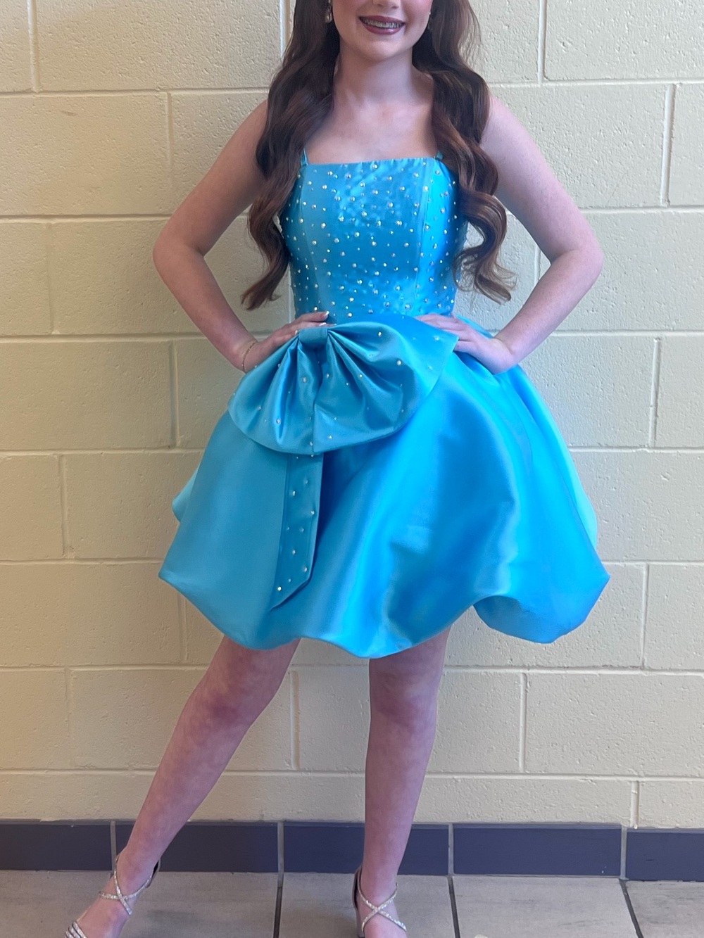 Marc DeFang Aqua Blue cocktail dress. Optional straps included.